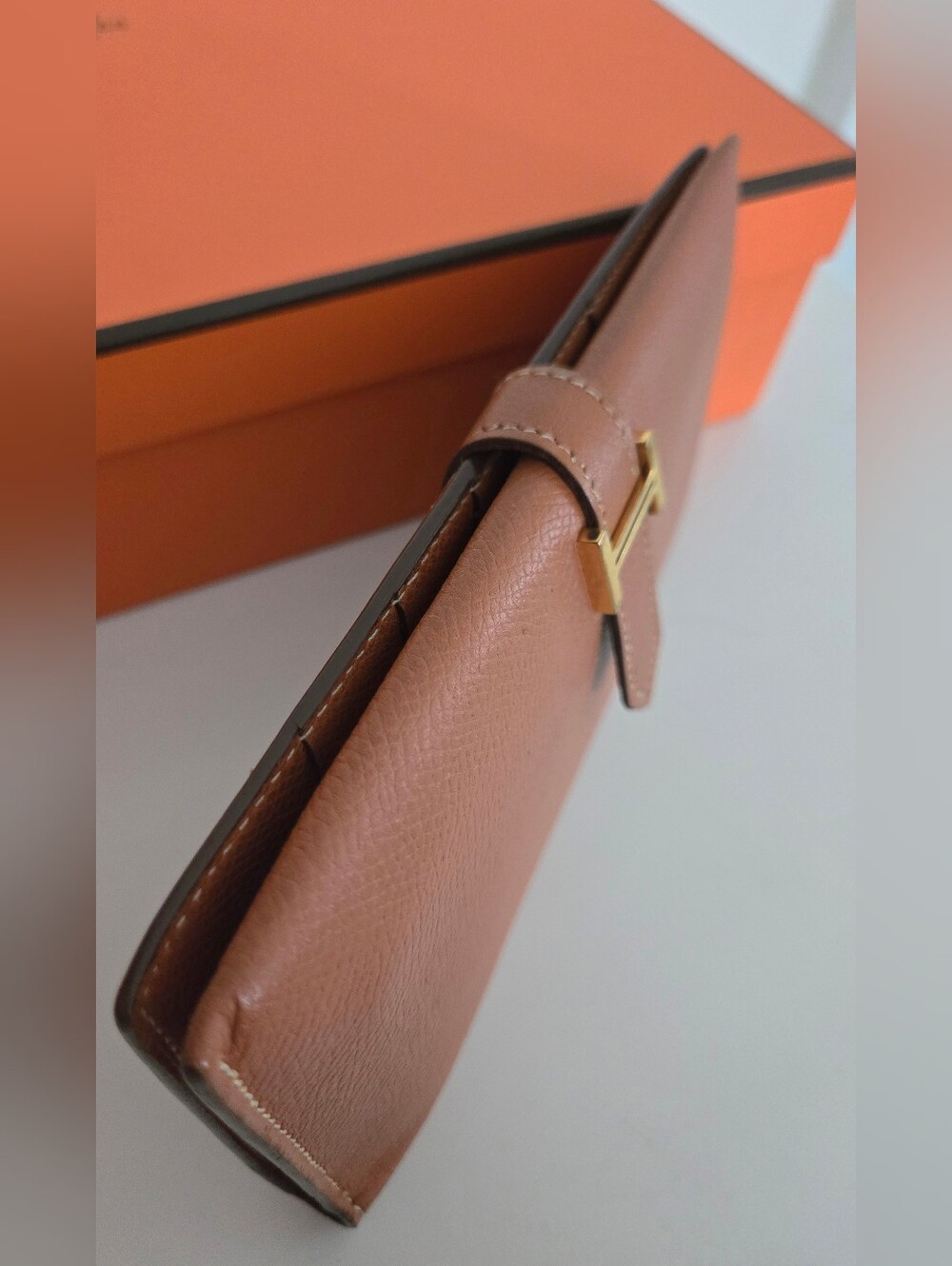 Authentic HERMES Bearn Soufflet Bifold Brown & Gold Iconic "H" Wallet Clutch Set - Picture 9 of 16